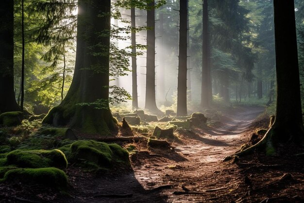 Forest path with light between the trees