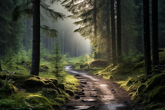 Forest path with light between the trees