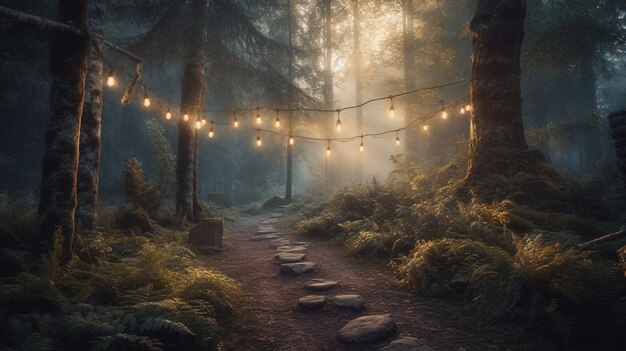 A forest path with lights hanging from the trees