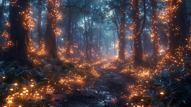 a forest path with lights in the night