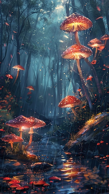 a forest path with mushrooms and mushrooms in the water