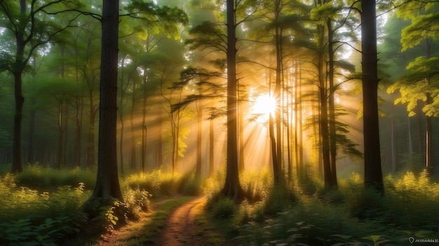 a forest path with the sun shining through the trees