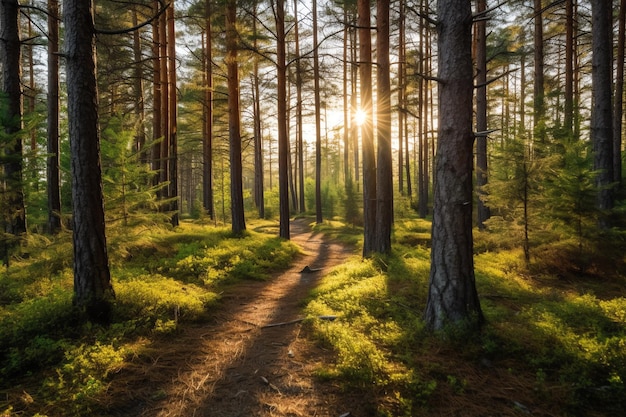 A forest path with the sun shining through the trees