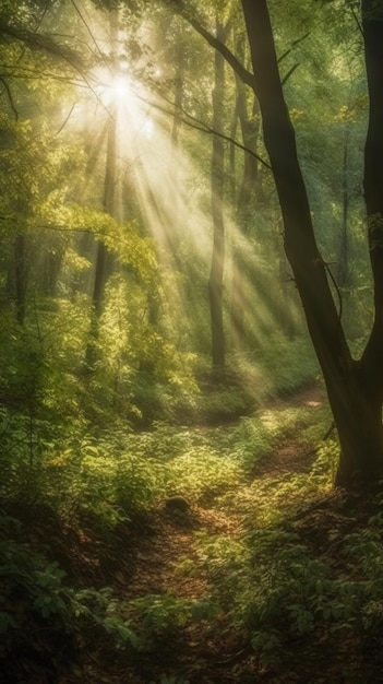 A forest path with the sun shining through the trees.