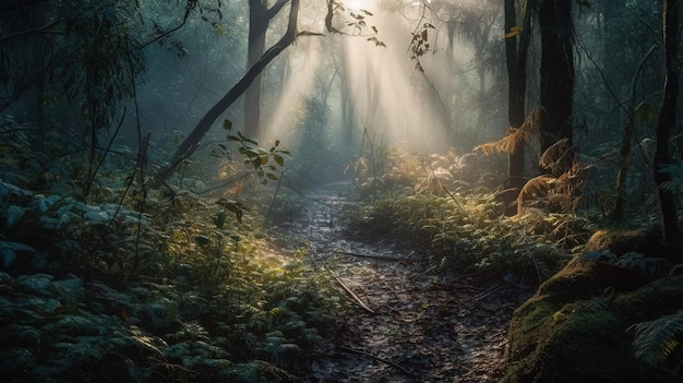 A forest path with sun shining through the trees