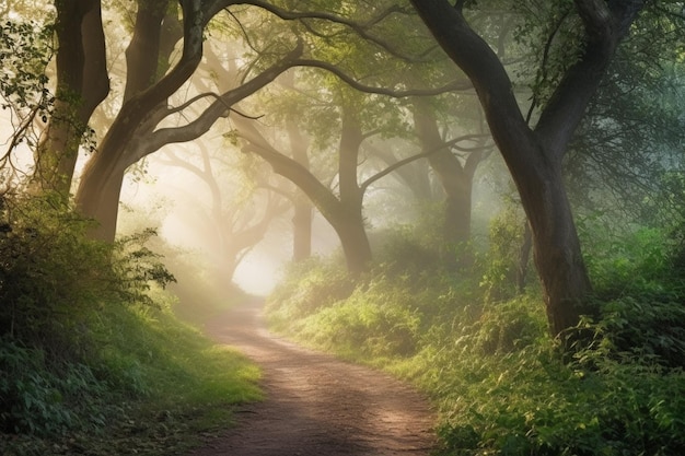 A forest path with a sun shining through the trees