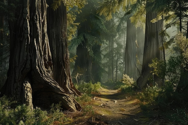 a forest path with a trail in the woods