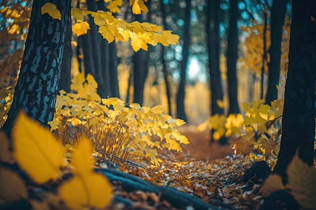 A forest path with yellow leaves and the word fall on it