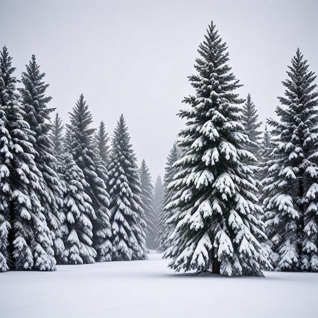 Photo a forest of pine trees covered in snow with a snow covered field in the background