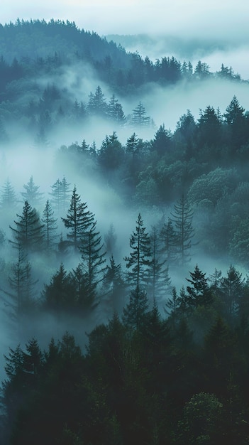 a forest of pine trees in the fog