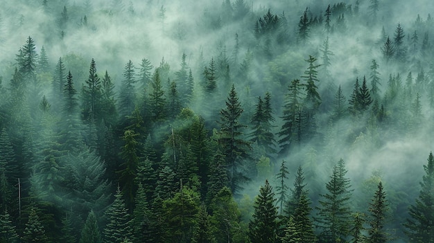 a forest of pine trees in the fog