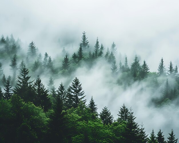 a forest of pine trees in the fog