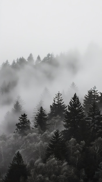 a forest of pine trees with a foggy background