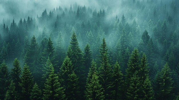 a forest of pine trees with a foggy background