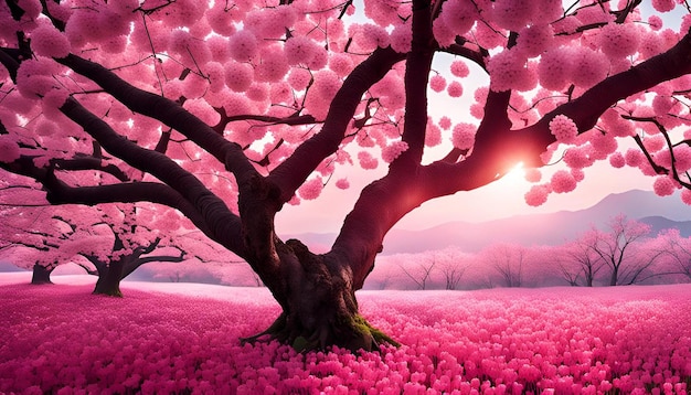 Photo a forest of pink cherry blossoms