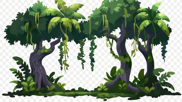 Photo forest plants with green foliage leaves vines moss on trunks and a transparent background with jungle trees and lianas