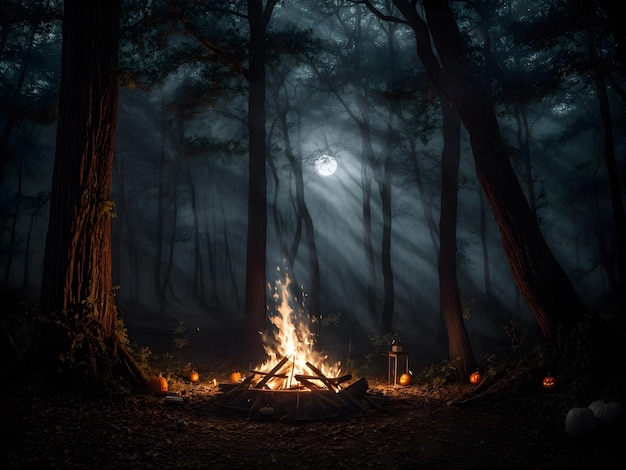 In a forest pumpkins encircle a campfire casting a warm flickering light Carved with Halloween faces