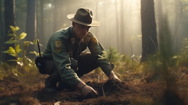 A forest ranger planting a tree in the forest