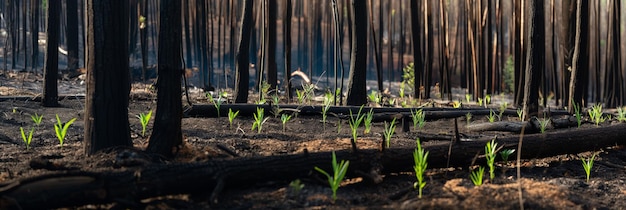 Photo forest regeneration after wildfire new growth among burnt tree trunks in sunlight