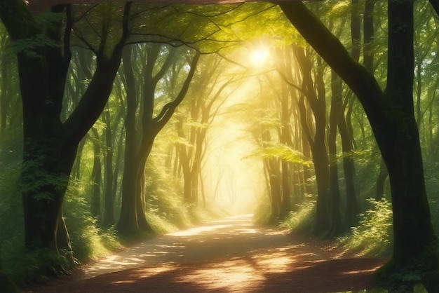 A forest road background photo with sun rays and trees