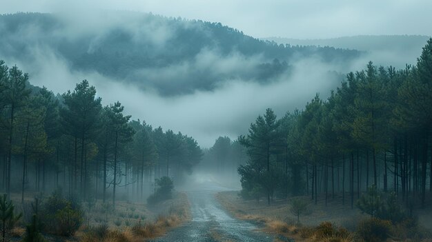 a forest road in the fog