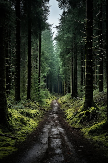 a forest road with a forest in the background