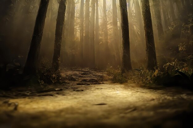 A forest road with a light on the ground and the word forest on the bottom.