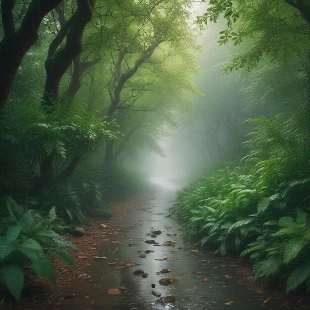 a forest road with a puddle in the middle of it