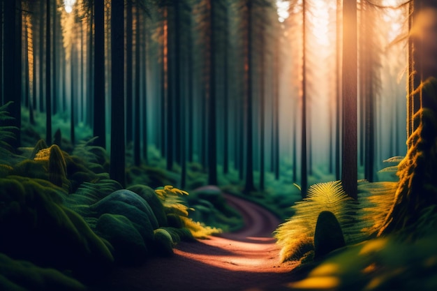 A forest road with a sun shining through the trees