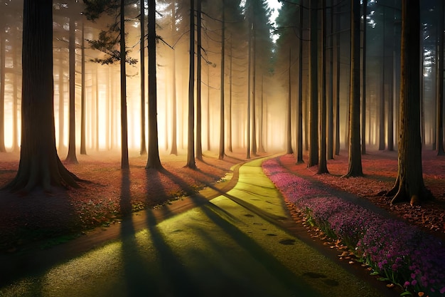 A forest road with a yellow light in the middle of it