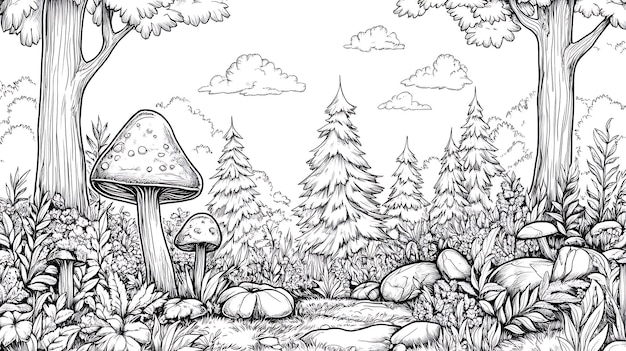 Photo forest scene coloring page childrens book black and white outline