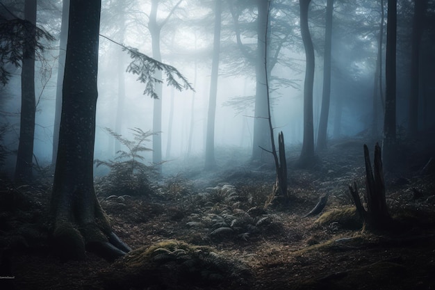 A forest scene with a blue foggy background and a tree in the foreground.