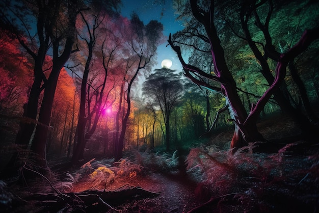 A forest scene with a bright moon in the background.