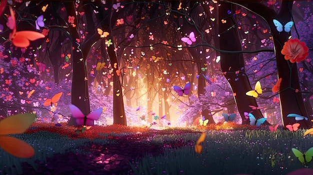 A forest scene with butterflies flying in the air.