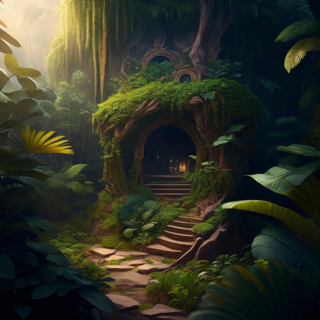 A forest scene with a cave with a jungle scene.