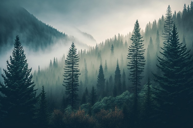 A forest scene with a foggy mountain in the background.