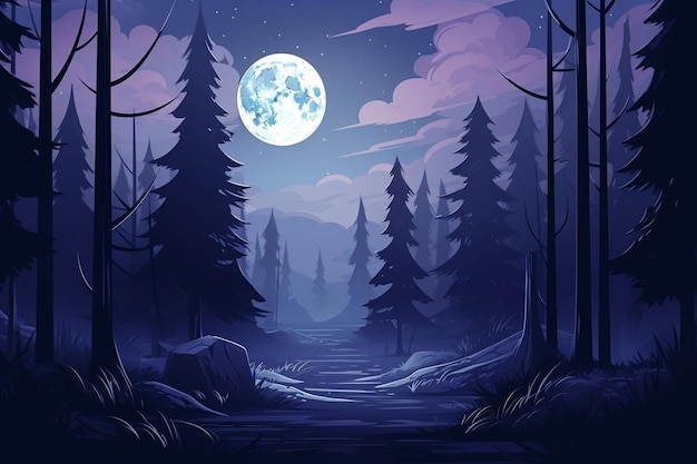 Forest scene with fullmoon and mist