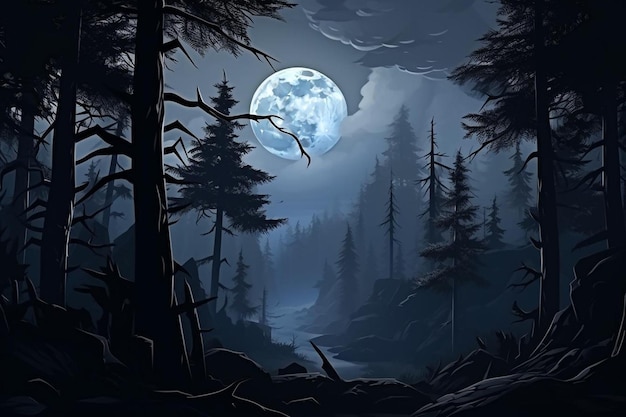 Forest scene with fullmoon and mist