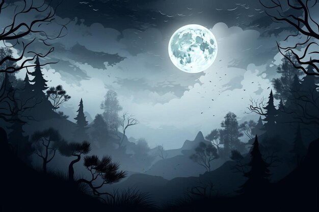 Forest scene with fullmoon and mist