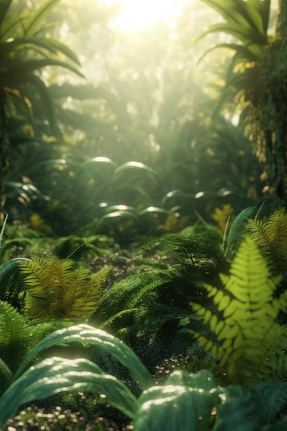 A forest scene with a green plant and a fern.