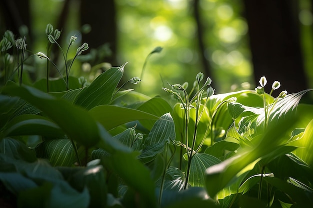 A forest scene with a green plant in the foreground and a light shining through the leaves.