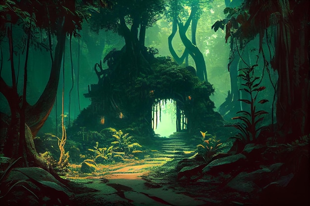 A forest scene with a house in the middle of the forest.