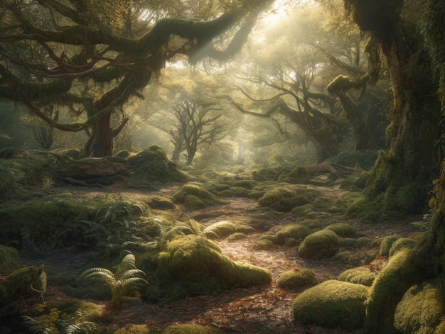 A forest scene with mossy rocks and moss.