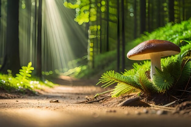 A forest scene with a mushroom and a sunbeam