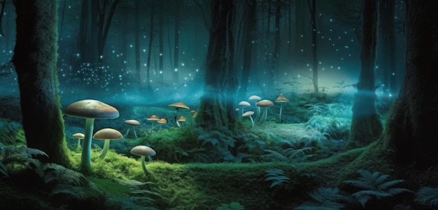 A forest scene with mushrooms and a blue sky.