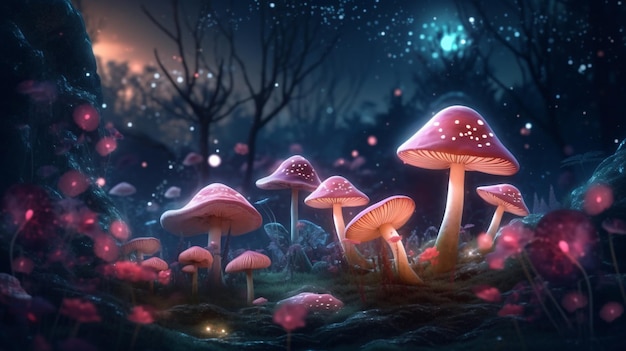 A forest scene with mushrooms and a glowing moon.