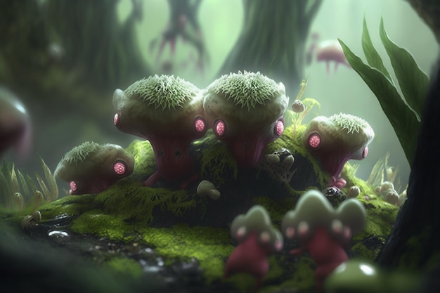 A forest scene with mushrooms and a green forest background.