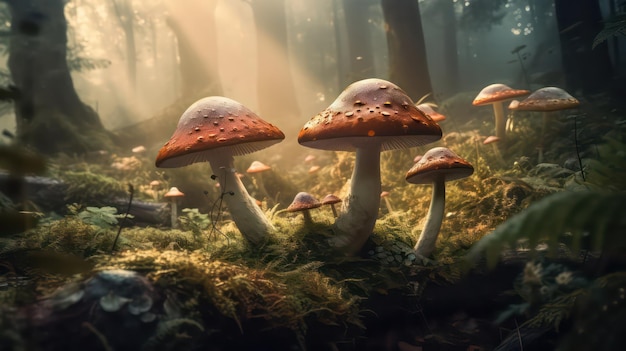 A forest scene with mushrooms and the sun shining through the trees.