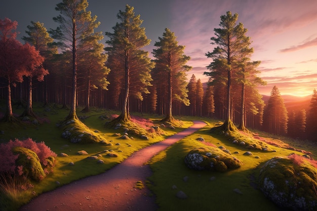 A forest scene with a path leading to the horizon.