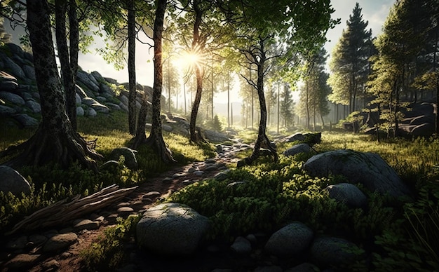 A forest scene with a path and trees in the foreground